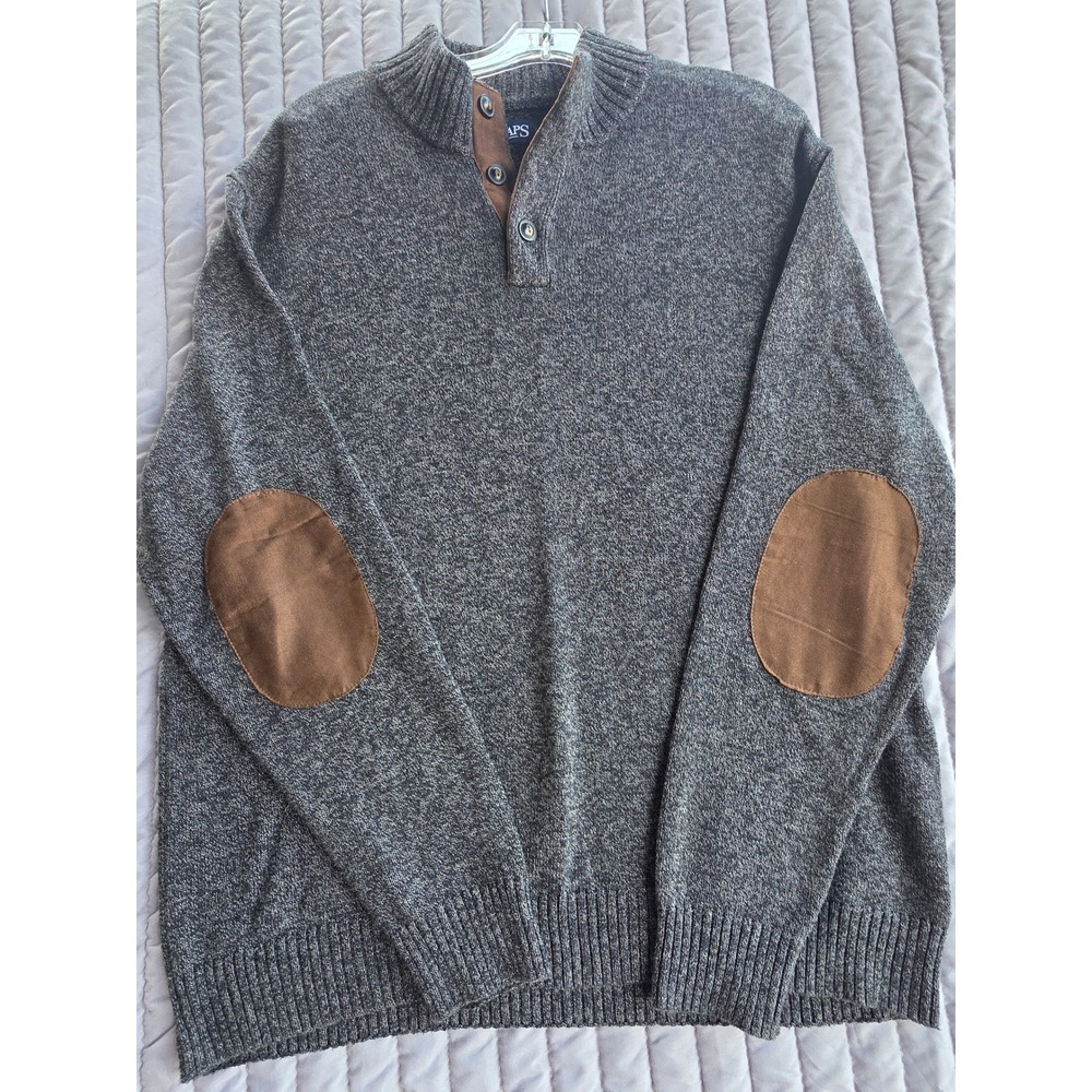 894 Chaps Mens XL Gray Marl Cotton Button Mock Neck Sweater Elbow Patches